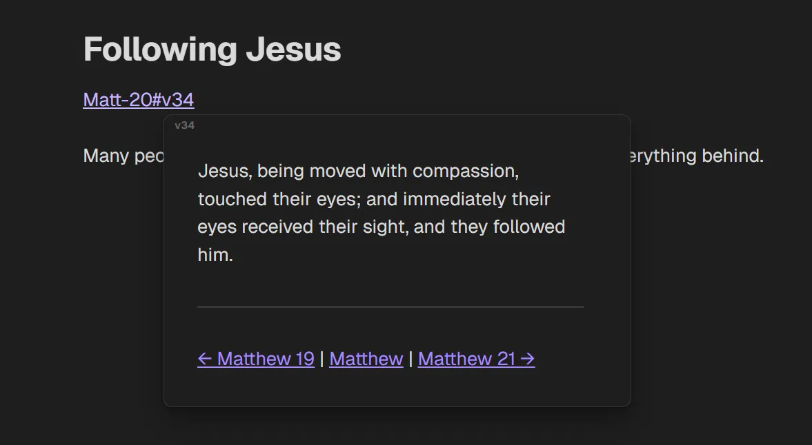 Screenshot of Obsidian with a bible verse backlink showing a preview of the scripture referenced