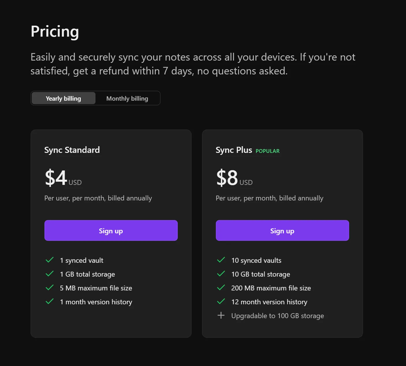 Obsidian Sync pricing tiers