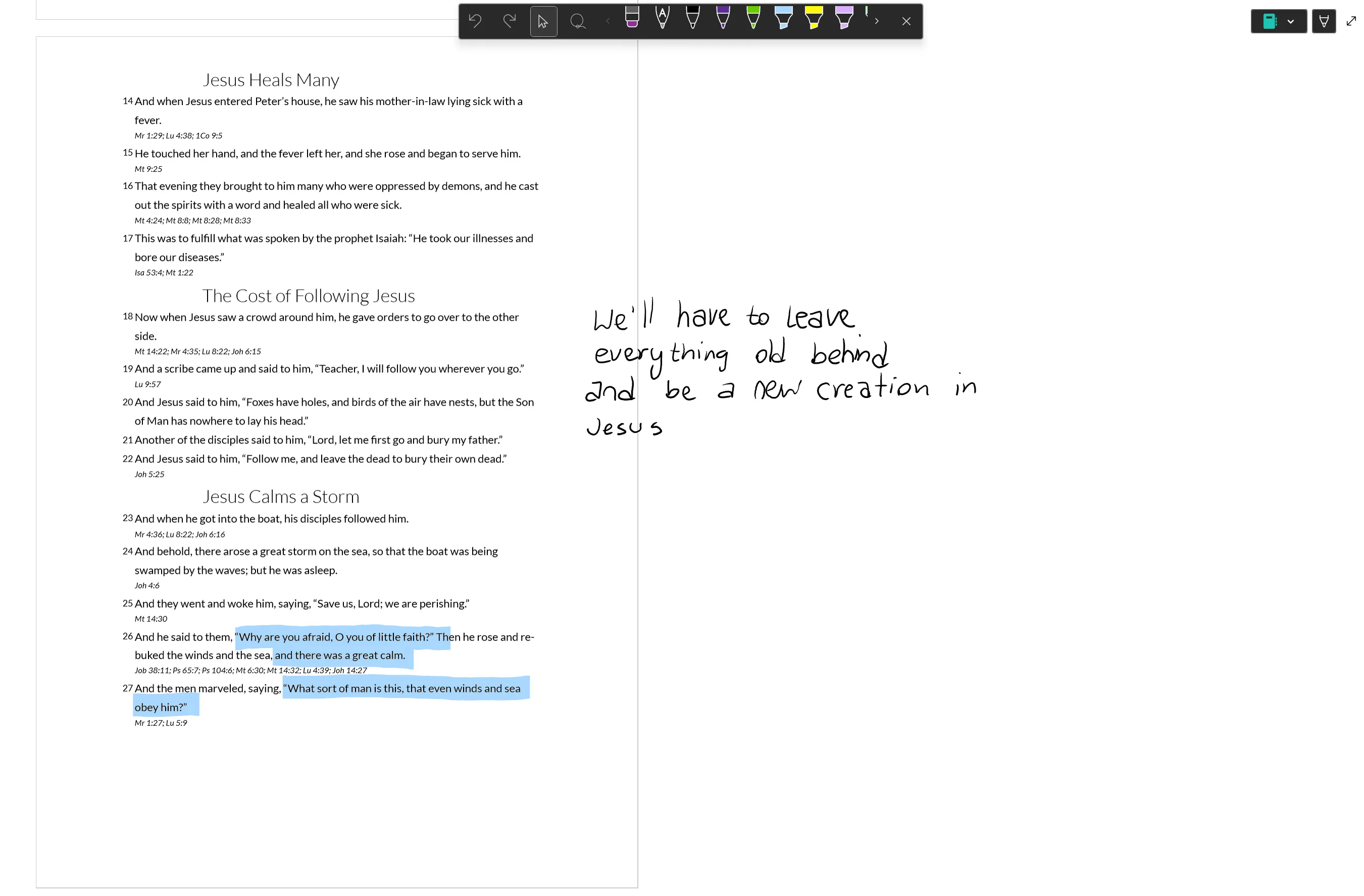 Example of my very beautiful handwriting in OneNote, scribbling over a bible chapter